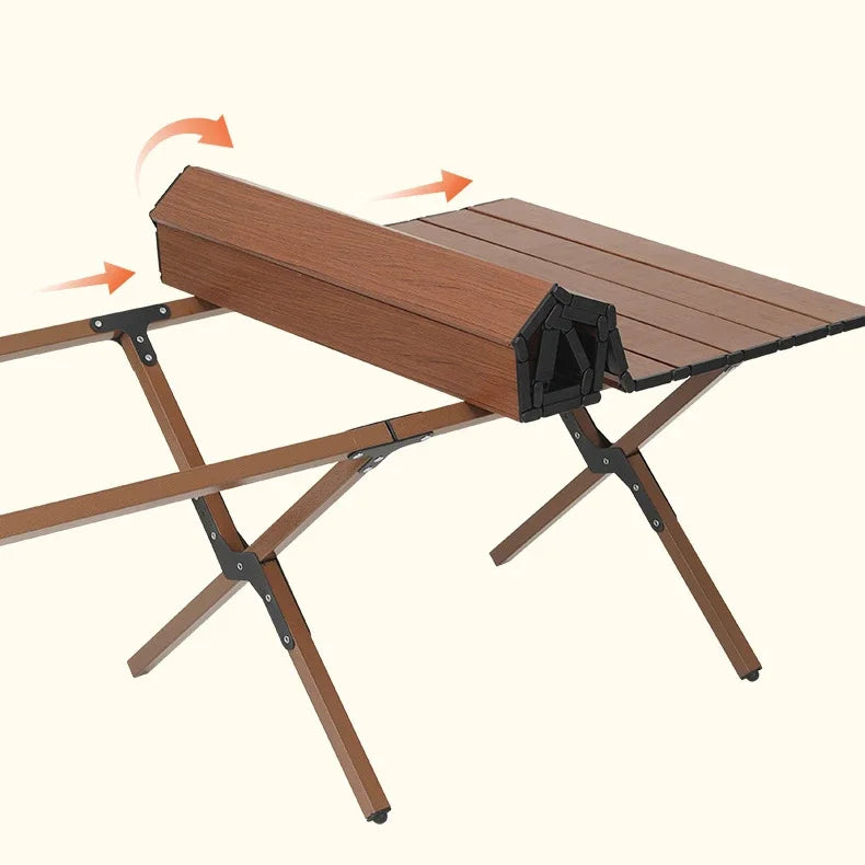 Outdoor Camping Table Wood Folding Grain Carbon Steel Egg Roll Portable Beach Table Camping Chair Tourist Plate Table