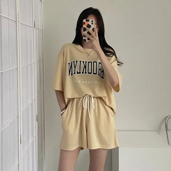 Korean Style Summer Female Sporty Outfit Running Gym Suit Women Clothing Two Piece Sets Short Sleeve T shirt Top Shorts Casual