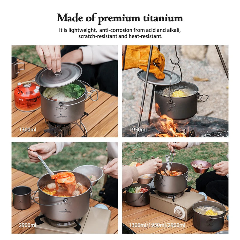 Boundless Voyage Titanium Pot Camping Cookware Hanging Soup Pot with Lid Outdoor Cooking Kit Lightweight Kitchen Ware Tableware