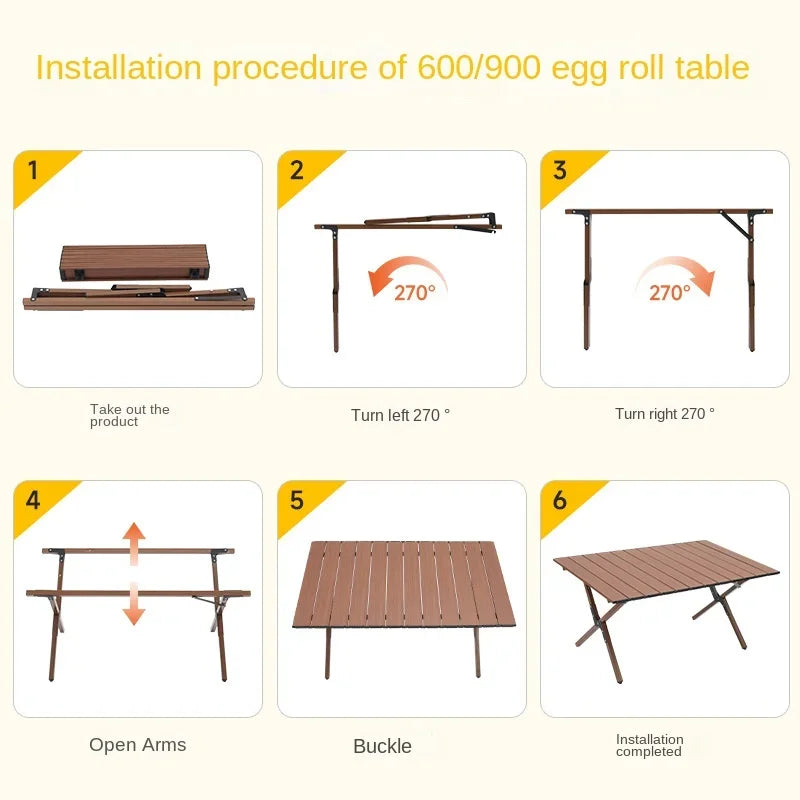 Outdoor Camping Table Wood Folding Grain Carbon Steel Egg Roll Portable Beach Table Camping Chair Tourist Plate Table