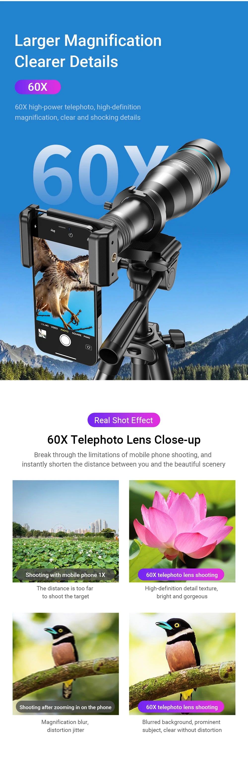 APEXEL 60X Telephoto Phone Lens Metal Monocular LongRange with Tripod for Iphone13/14 ProMax Outdoor Mobile Telescope Spot Scope