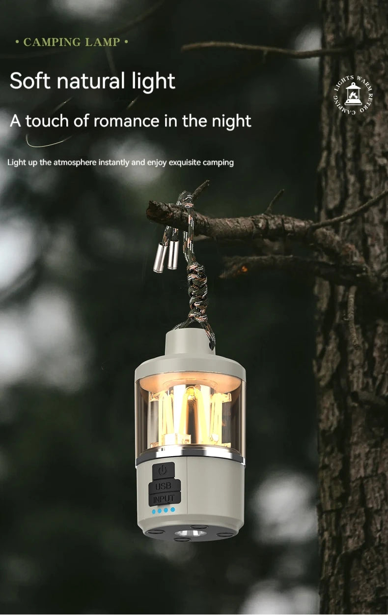 LED Tungsten Core Camping Light Portable Lanterns Rechargeable Outdoor Camping Fishing Emergency Flashlight Lamp with Rope