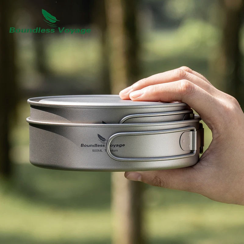 Boundless Voyage Outdoor Ultralight Titanium Pot Pan Set 3pcs Camping Plate Dish Cookware Picnic Tableware Set Ti2032C