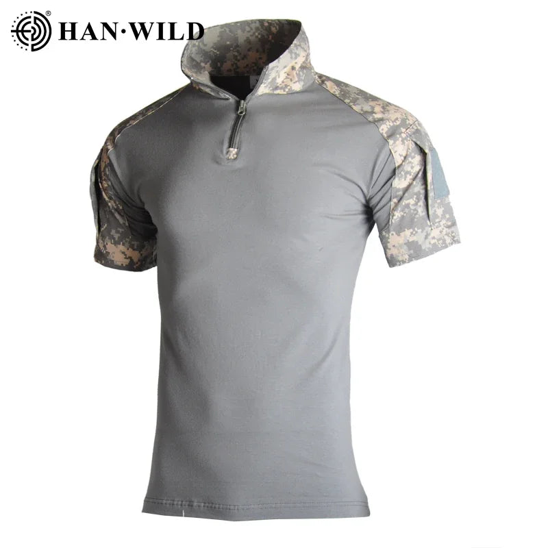 HAN WILD Camouflage Tees Men Tactical Shirt Cotton Climbing Shirts Combat T-Shirt Airsoft Paintball Camping Hunting Clothing