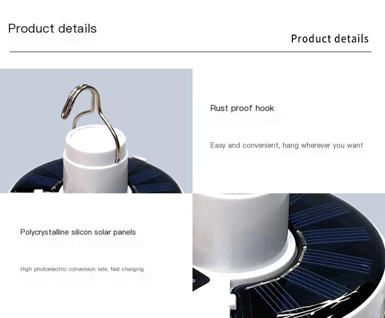 Solar Camping Lantern Portable USB Rechargeable Hanging Tent Lamp LED Football Bulb Outdoor Lights Hiking Emergency Light