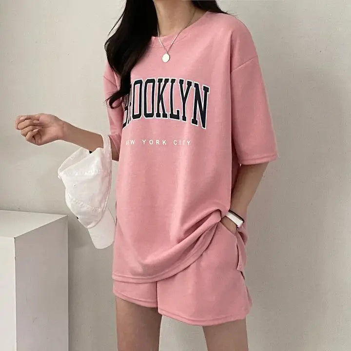 Korean Style Summer Female Sporty Outfit Running Gym Suit Women Clothing Two Piece Sets Short Sleeve T shirt Top Shorts Casual