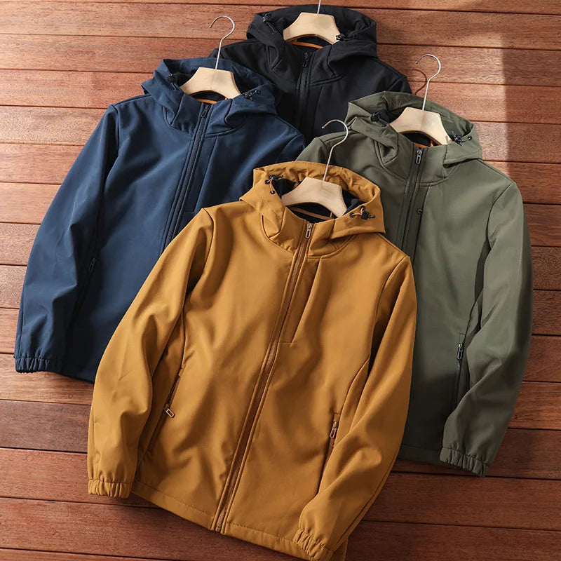 5XL Outdoor Waterproof Soft Shell Jacket Men's Autumn Winter Plus Velvet Windproof Warm Fleece Hooded Coat Military Windbreaker