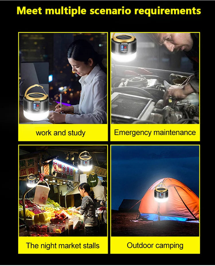 Solar LED Camping Light Waterproof Portable Tent Lamp Rechargeable Lanterns Outdoor Emergency Lights Market Energy Saving Bulb