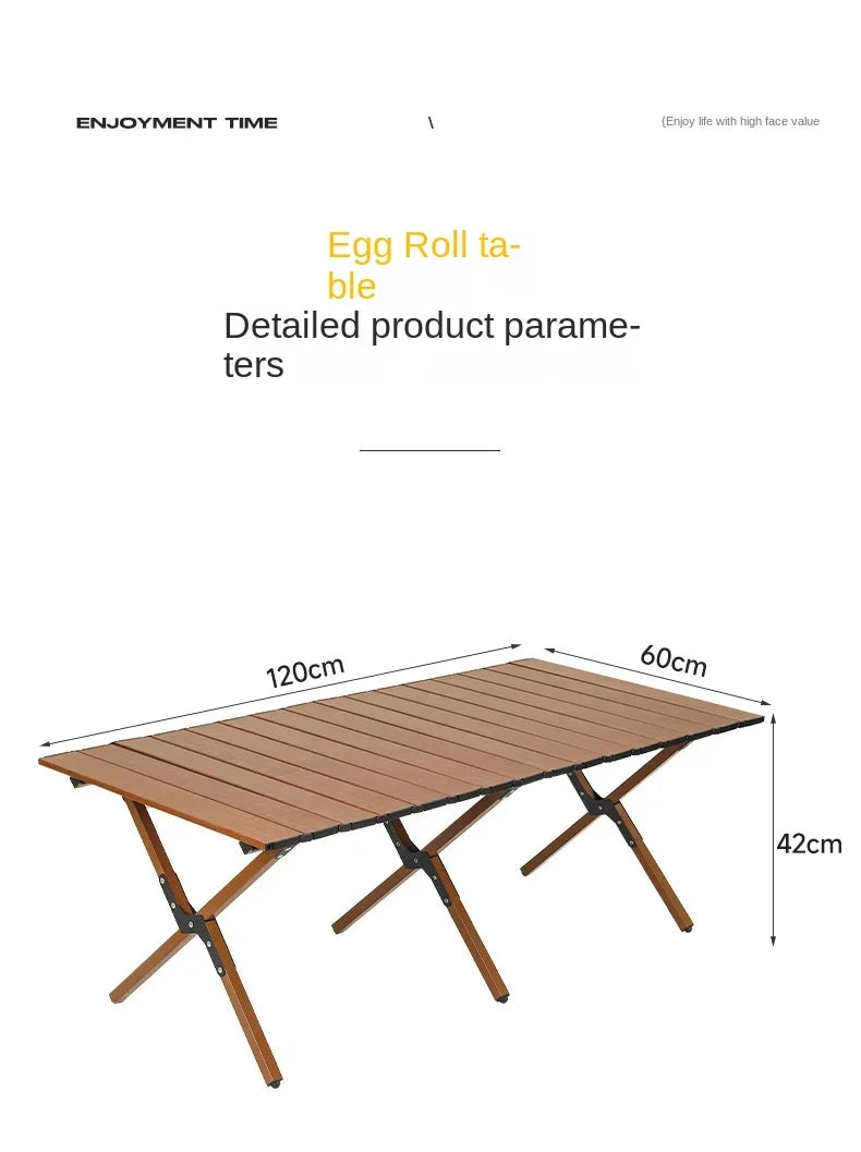 Outdoor Camping Table Wood Folding Grain Carbon Steel Egg Roll Portable Beach Table Camping Chair Tourist Plate Table