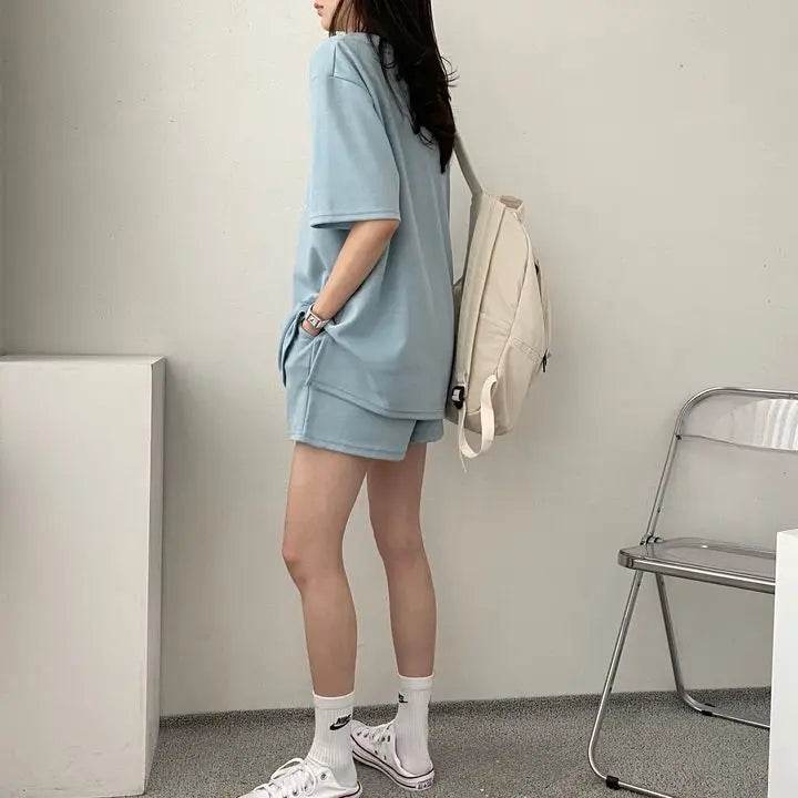 Korean Style Summer Female Sporty Outfit Running Gym Suit Women Clothing Two Piece Sets Short Sleeve T shirt Top Shorts Casual