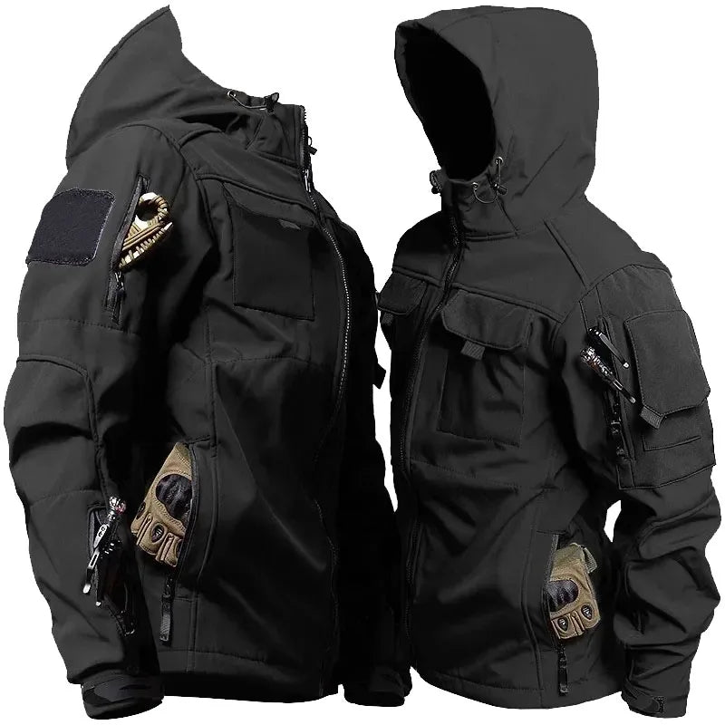 Waterproof Soft Shell Jackets Men Outdoor Shark Skin Multi-pocket Hooded Jacket Autumn Winter Wear-resistant Training Cargo Coat