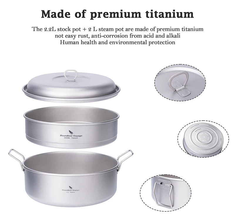 Boundless Voyage 2.2L Titanium Stock Pot & 2L Steamer Outdoor with Lid Soup Pot Kitchen Camping Cookware with Folding Handle