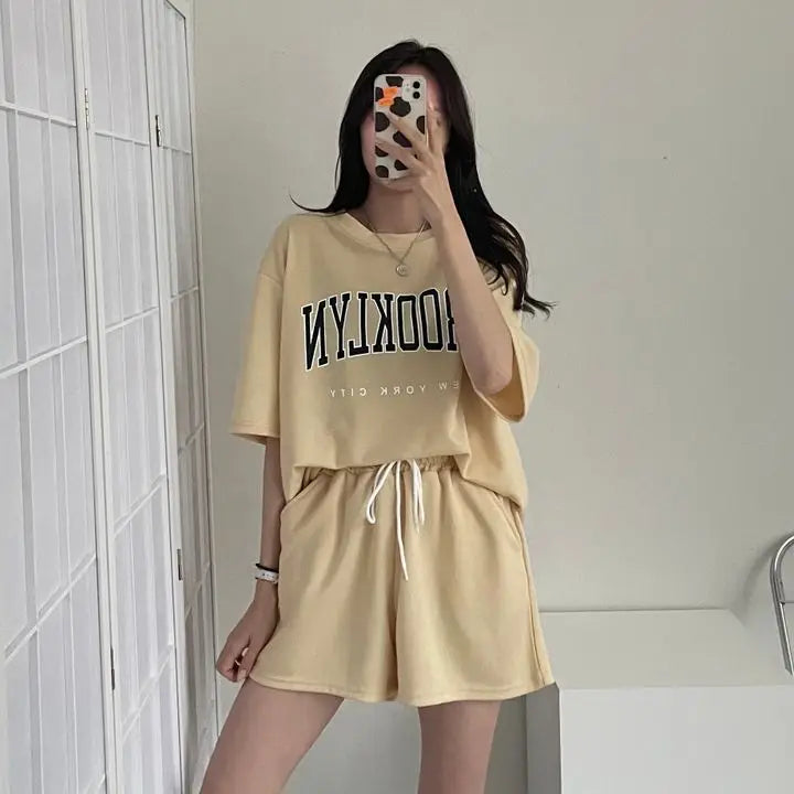 Korean Style Summer Female Sporty Outfit Running Gym Suit Women Clothing Two Piece Sets Short Sleeve T shirt Top Shorts Casual