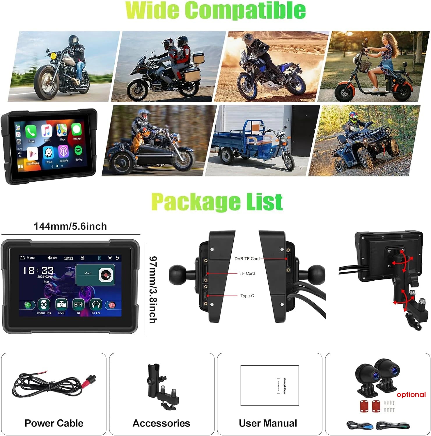 5" inch Motorcycles Navigation GPS DVR Wireless CarPlay Android Auto Portable Smart Display IPX7 Waterproof HD Recording Camera