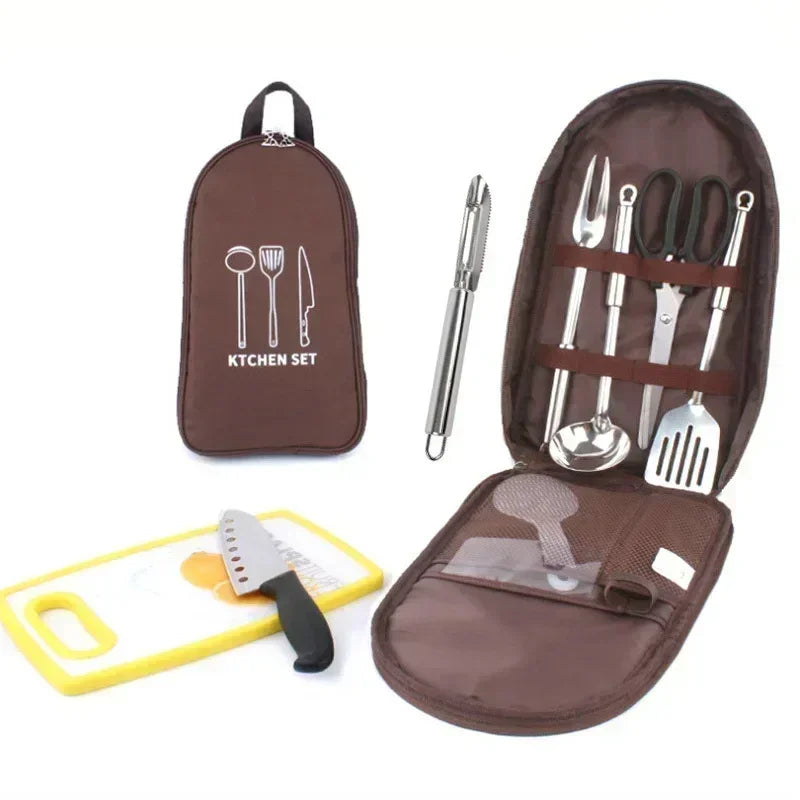 8Pcs/set Outdoor Camping Cookware Set With Knife Utensil Spoon Portable Picnic Kitchen Utensils Tableware Storage Handbag