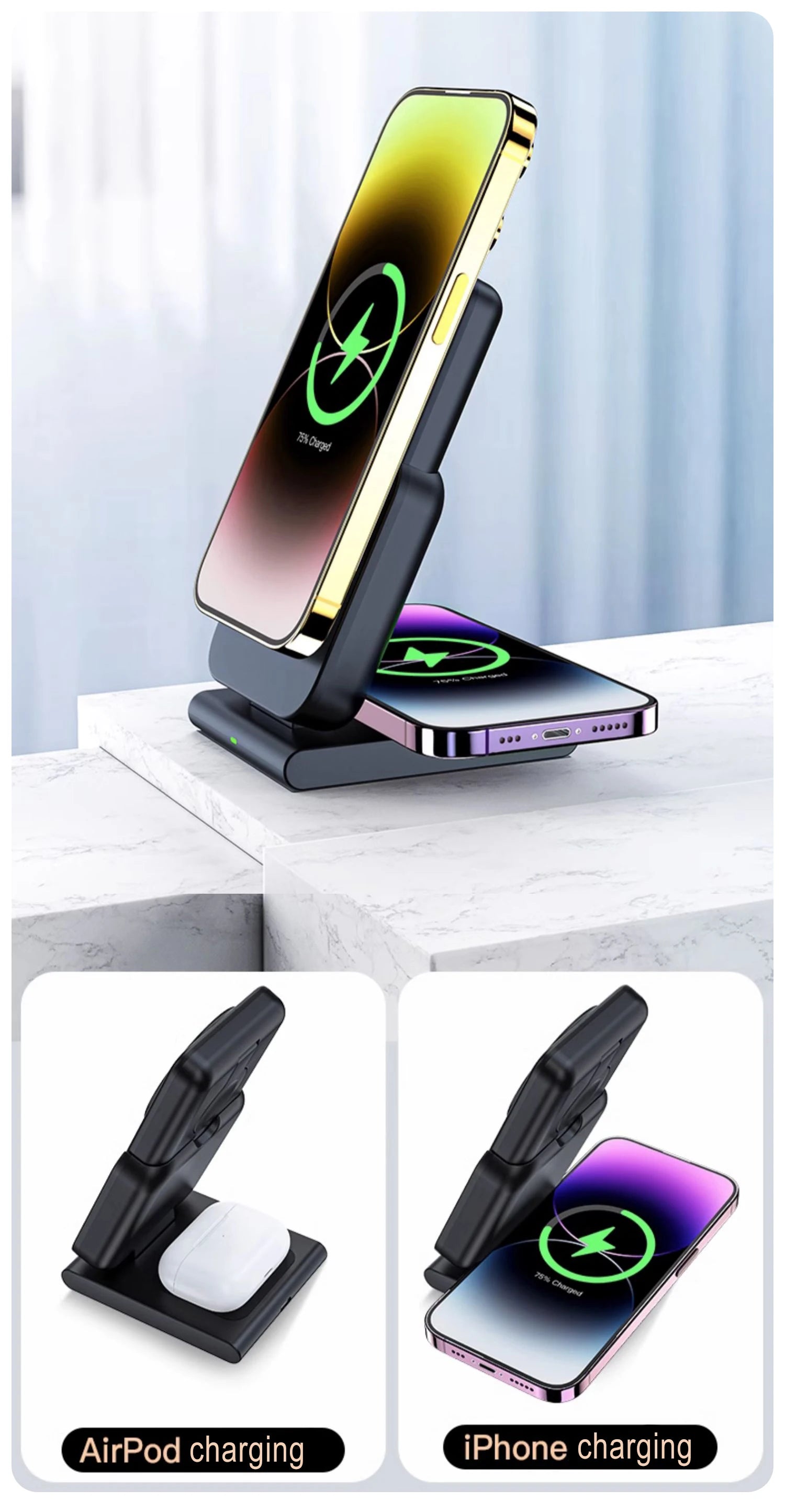 3 in 1 Wireless Charging Magnetic Station Foldable Fast Charger Stand Portable Battery Power Bank for MagSafe iPhone 15/14/13/12