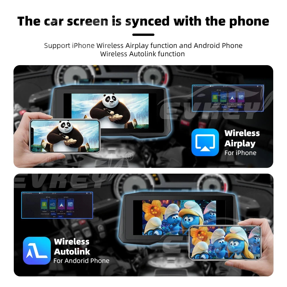 EVKEY New 7inch Motorcycle Navigation Wireless CarPlay Android Auto Airplay Display Screen Portable Motorcycle Monitor