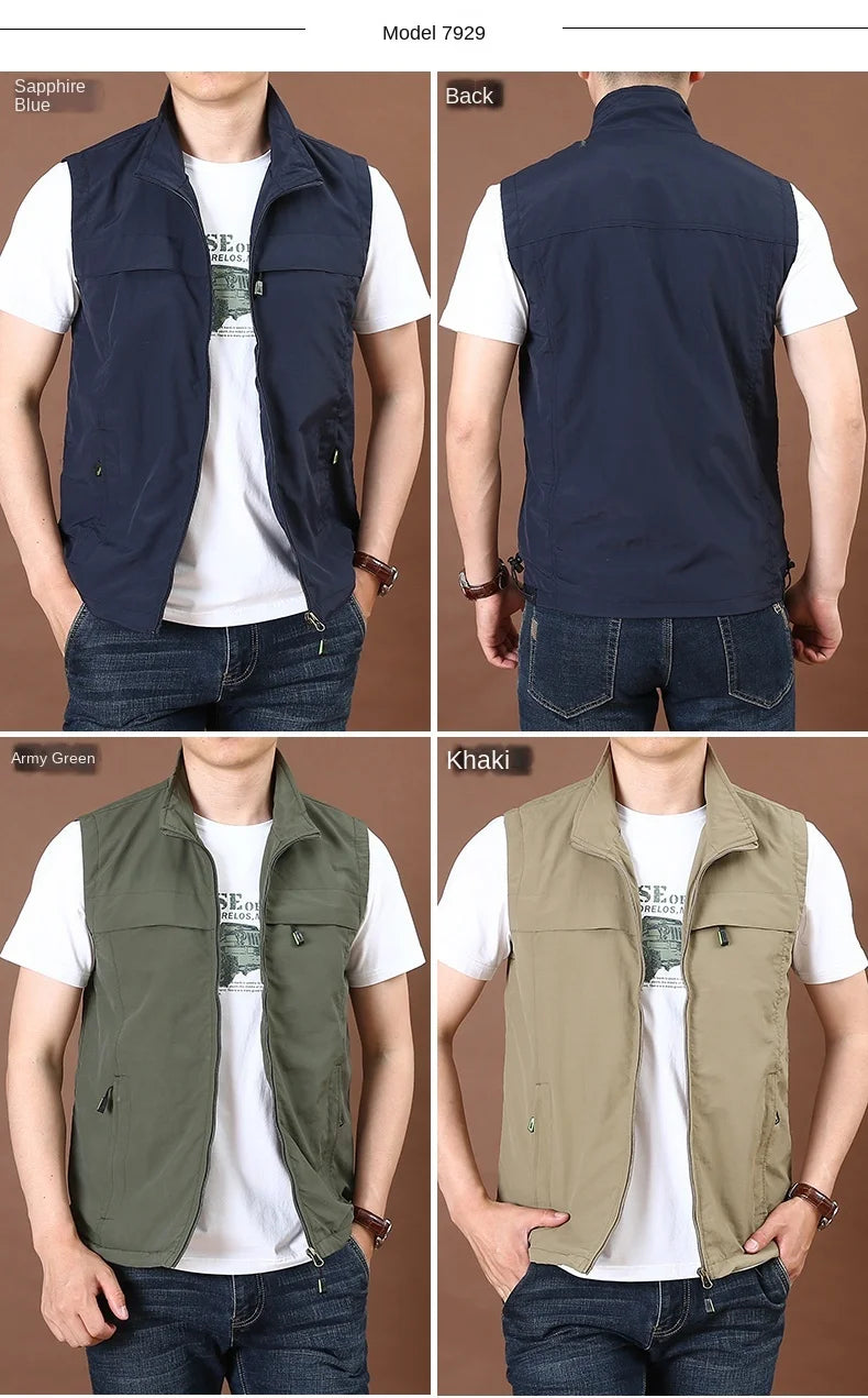 Men's Thin Tooling Loose Quick Drying Vest Men's Outdoor Sports Coat Multi Pocket Stand Collar Vest Spring Camping Fishing Vest