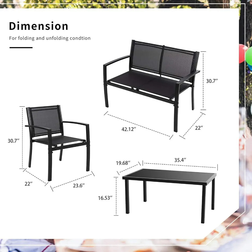 Loveseat Portable Folding Chair Lawn 2 Single Chairs for Home Garden With Glass Coffee Table Porch（Black） Outdoor Furniture