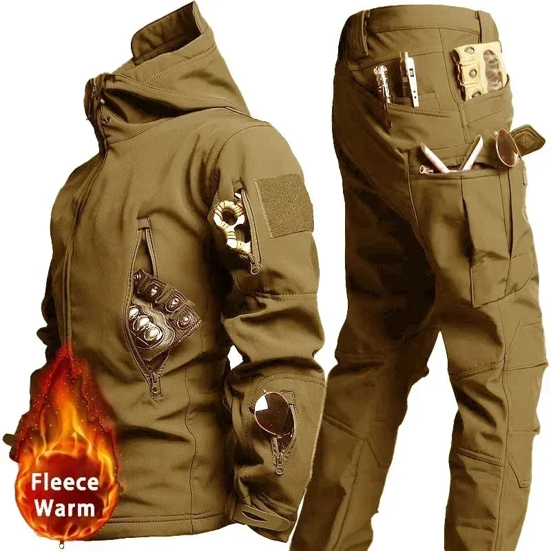 Camo Waterproof Tactical Sets Men Winter Soft Shell Hooded Jackets+Multi-pocket Cargo Pants 2 Pcs Suits Fleece Warm Combat Set