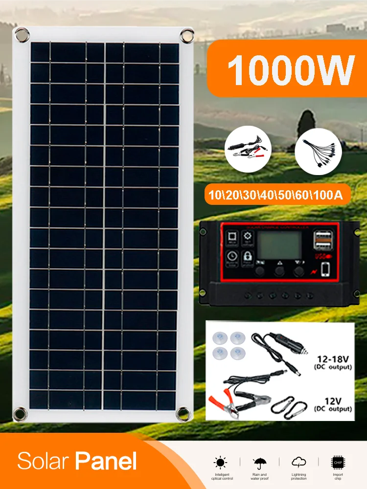 1000W Flexible Solar Panel Kit With 2 USB Complete Portable Power Generator Solar Electric Station For Home Car Yacht RV Boat