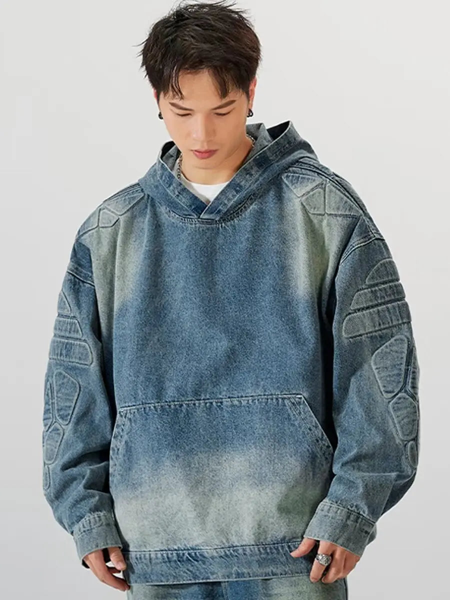 Denim Hooded Jacket Men Women Convex Turtle Shell Pattern Loose Casual Vintage Sweatshirt Coat Street Washed Denim Pullovers New