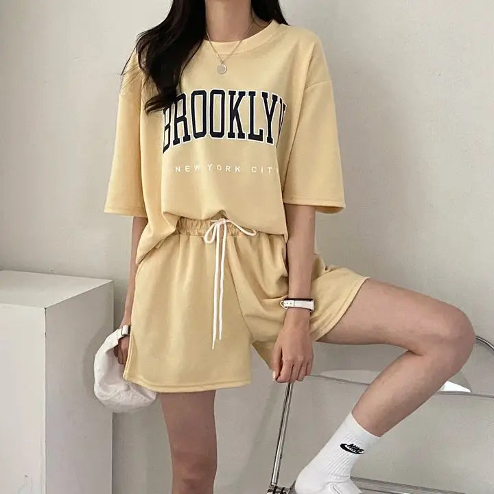 Korean Style Summer Female Sporty Outfit Running Gym Suit Women Clothing Two Piece Sets Short Sleeve T shirt Top Shorts Casual