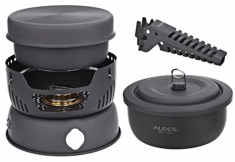 ALOCS 2-4 Person Outdoor Cookware Camping Alcohol Stove Cook Set for Camping Hiking Picnic Stove with Gripper Pot