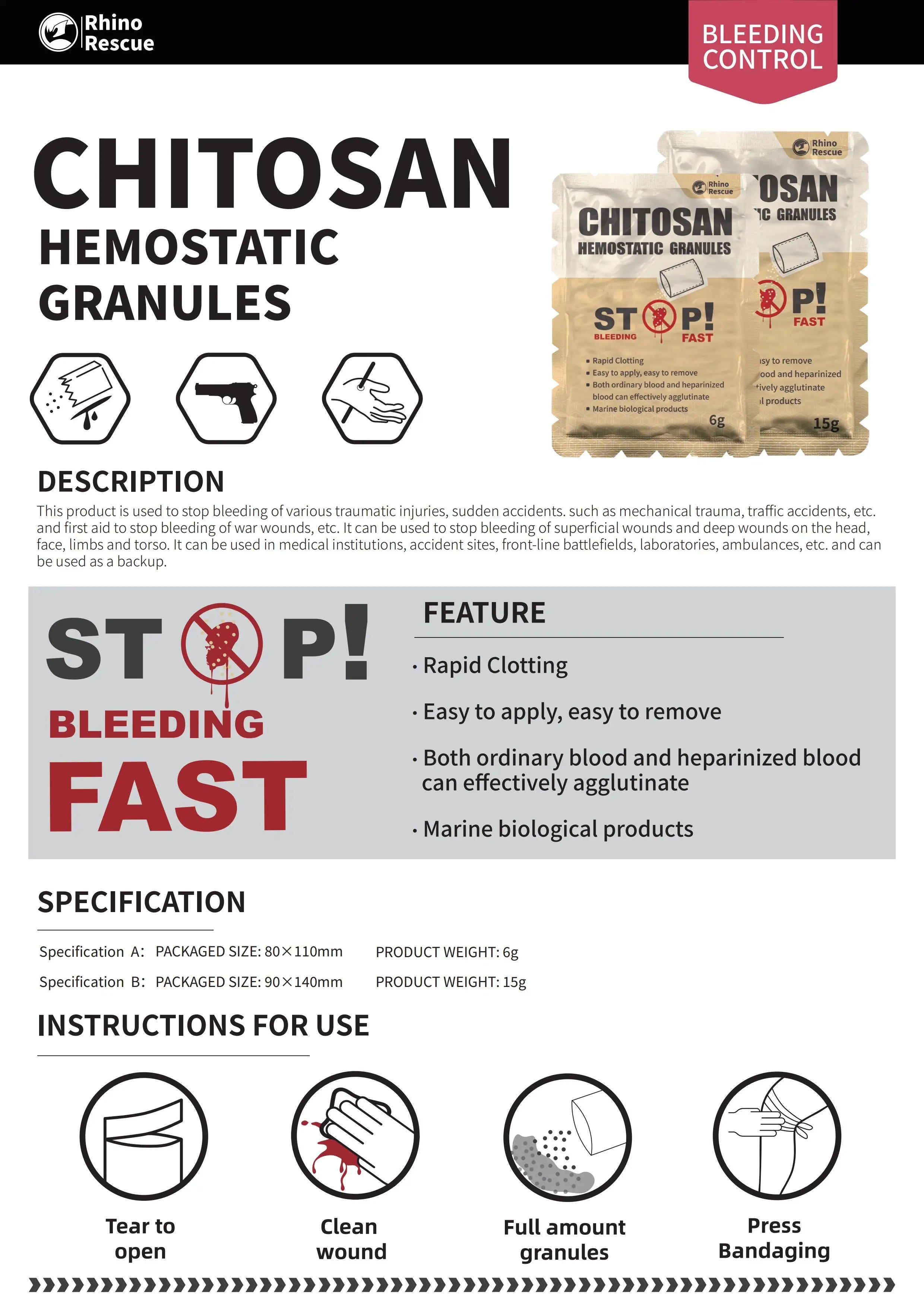 Chitosan Hemostatic Powder RHINO RESCUE Granular 6g/15g Hemostatic Granules Wound Dressing for Fast Bleed Control 2 Count