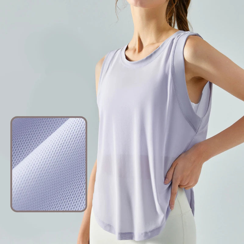 INLUMINE Mesh Stitching Sports Shirt Vest Loose Seamless Breathable Quick Drying Top Gym Running Fitness Yoga Clothing For Women