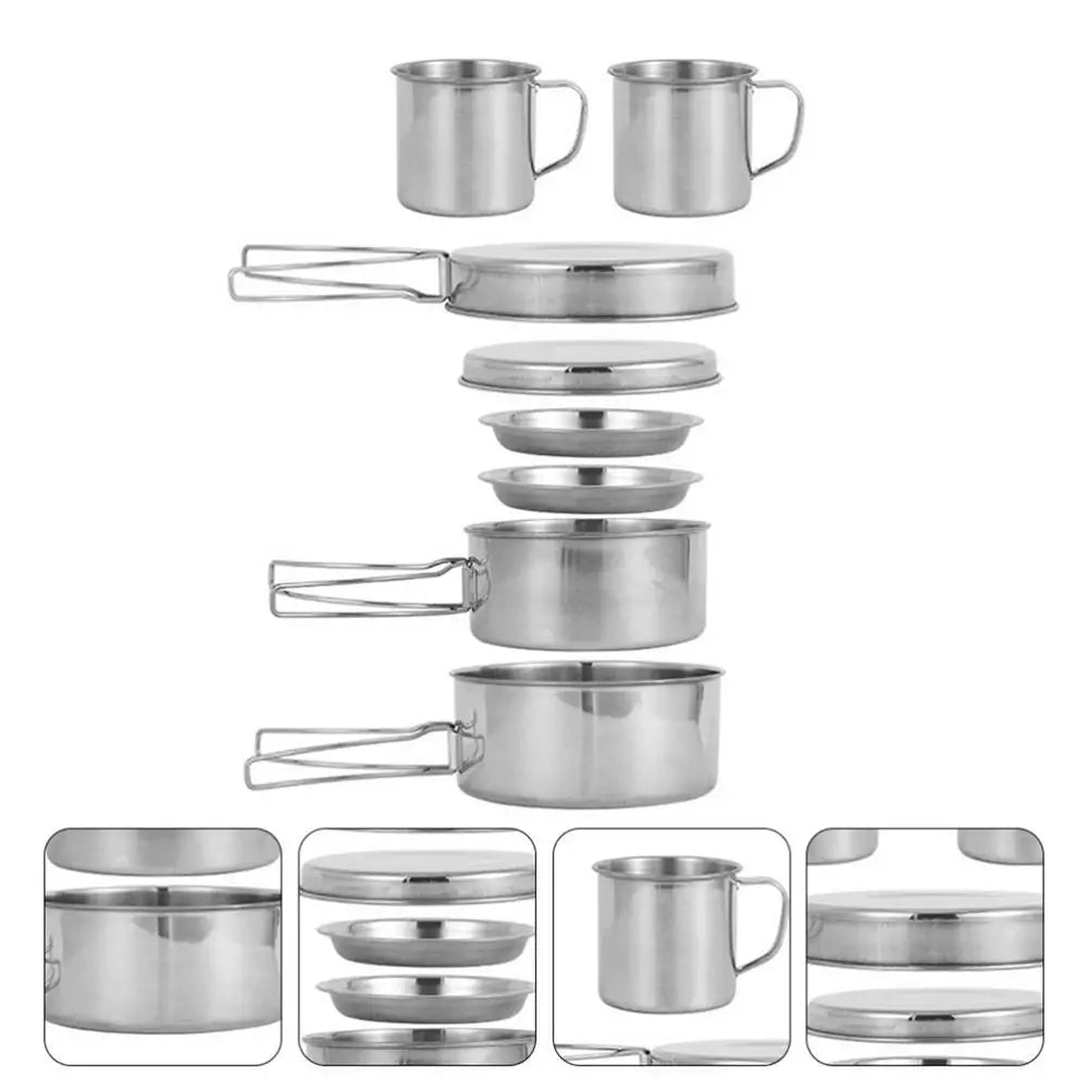 8PCS/SET Camping Cookware Kit Portable Lightweight Stainless Steel Cooking Pot Pan Set W/ Plates Cups for Outdoor Picnic Hiking