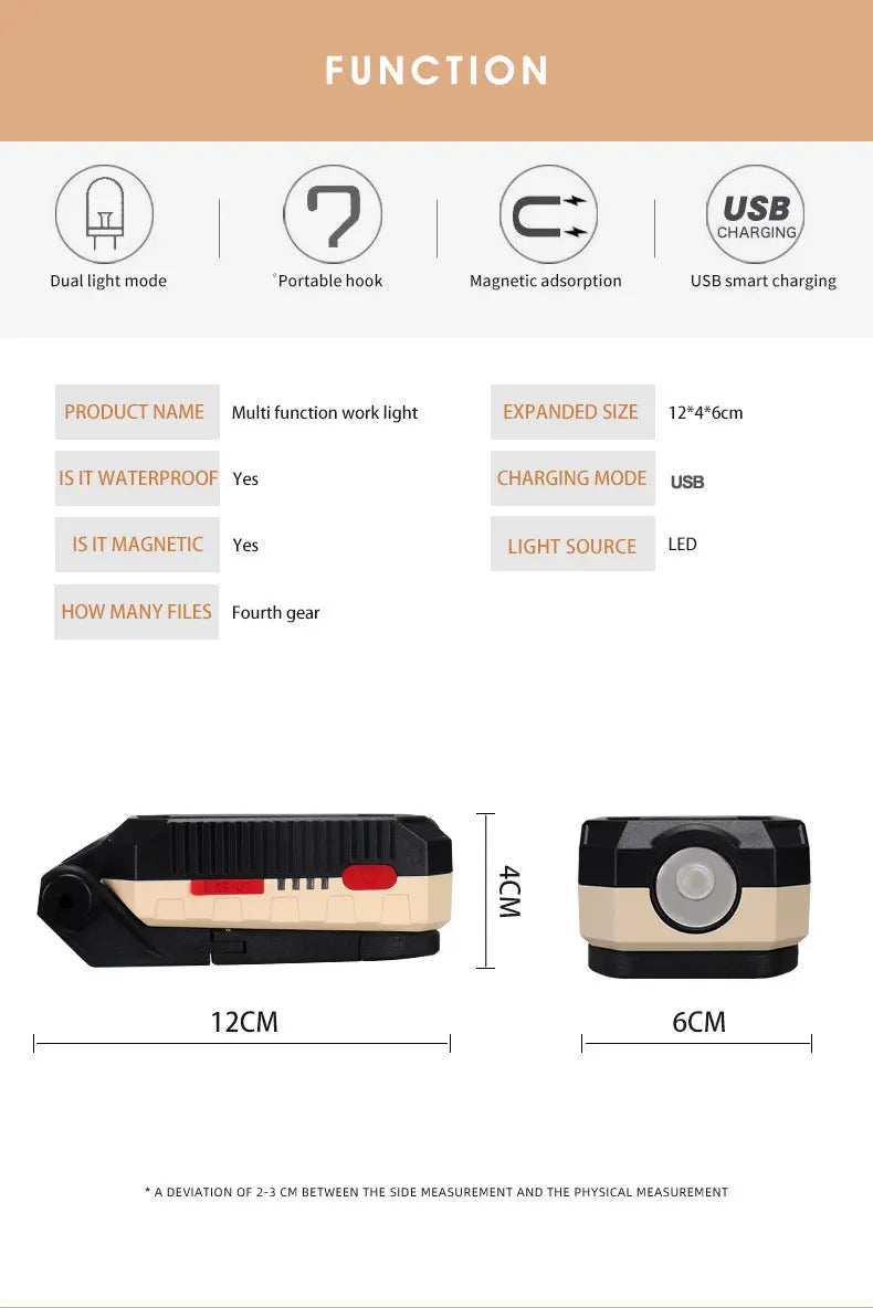 Multifunction USB Rechargeable COB Work Light Portable LED Flashlight 5Modes Adjustable Waterproof Camping Lantern Magnet Design