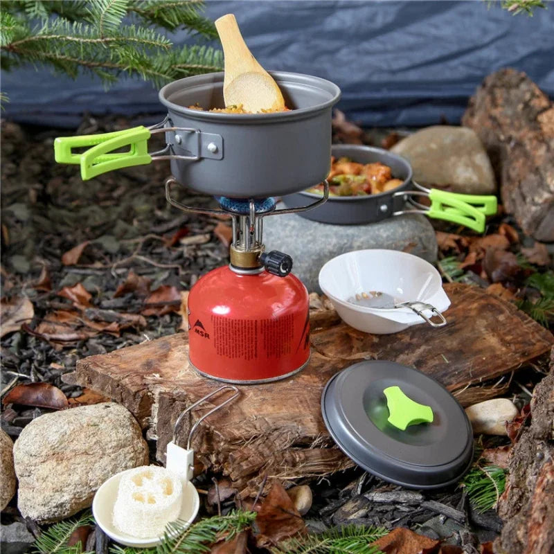 Camp Cookware Set Camping Cooking Set Portable Mess Kit Backpacking Gear with Non-Stick Camping Pots and Pans Folding Tableware