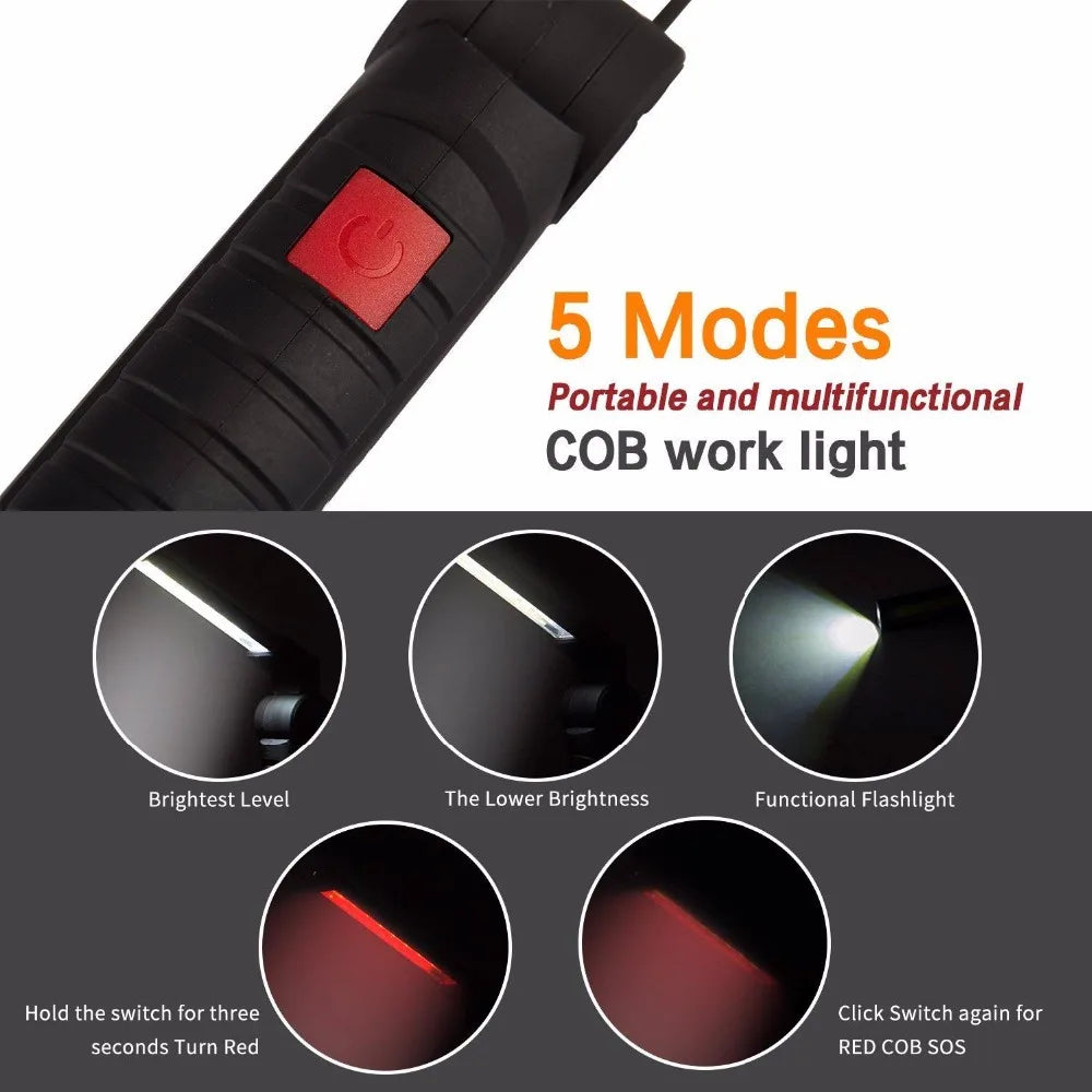 Rechargeable Camping LED Flashlight Work Light with Magnet and Hook IP64 Waterproof 5 Lighting Modes Suitable for Night Work