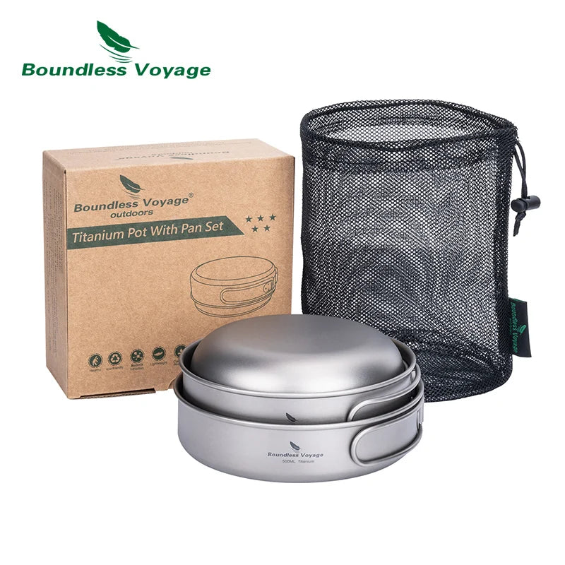 Boundless Voyage Outdoor Camping Titanium Bowl Pan Plate Dish Set 3pcs Ultralight Cookware Tableware Outdoor Dinnerware Ti2031C