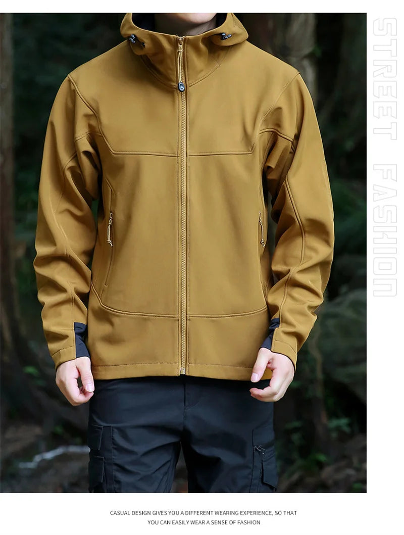 Top US Mens Autumn Hiking Soft Shell Jackets Outdoor Full Zip Hooded Fleece Lining Multi-pocket Windproof Warm Cargo Safari Coat