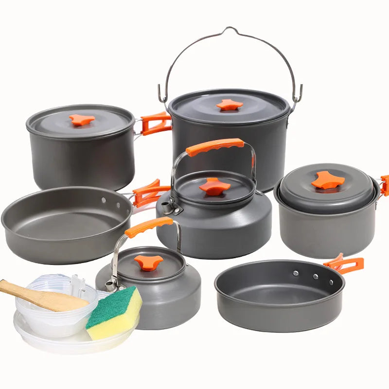 Aluminum Camping Cookware Portable Outdoor Tableware Cooking Set For Multiple People Pots Bowls Kettles Hiking Trips Bbq Picnics