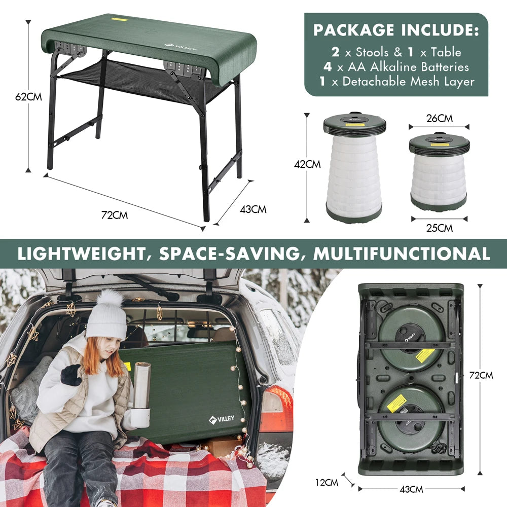 VILLEY Folding Camping Table Chair Set with Storage Organizer Portable Outdoor Furniture With Two Stools  for Garden Camping