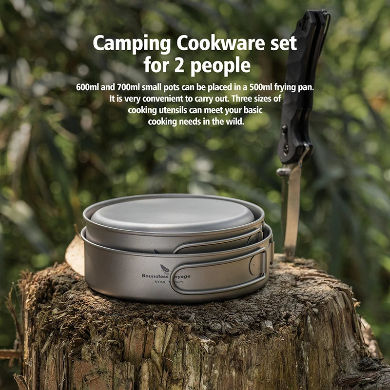 Boundless Voyage Outdoor Ultralight Titanium Pot Pan Set 3pcs Camping Plate Dish Cookware Picnic Tableware Set Ti2032C