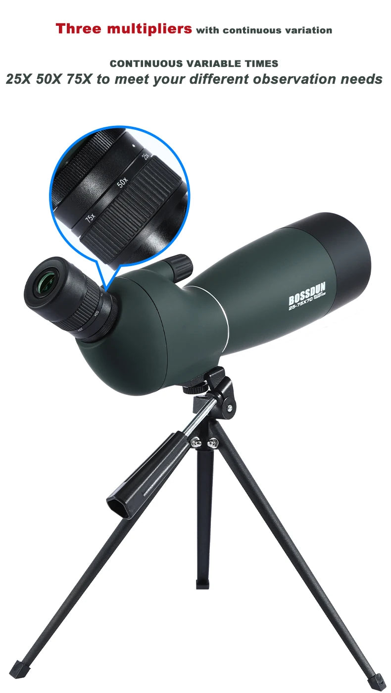 25-75x70 HD Spotting Scope Zoom Monocular Telescope BAK4 Prism ED Lens IPX6 Waterproof for Target Shooting Bird Watching Camping