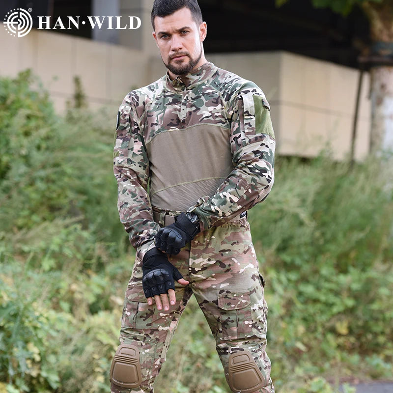 HAN WILD Tactical Combat Suit Long Sleeves Outdoor Sport Uniform Men Clothing Shirts Camo Hunting Fishing Pants Climbing Clothes