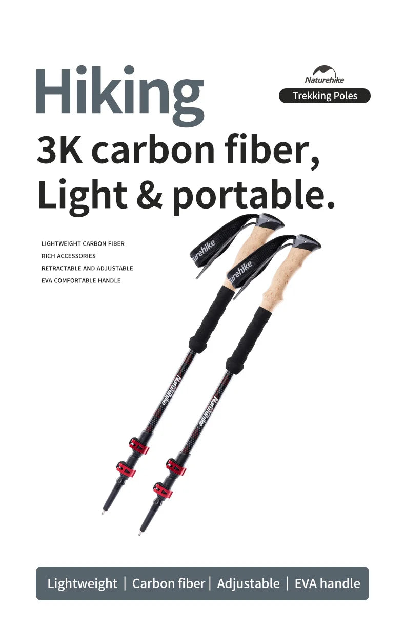 Naturehike Trekking Poles 2pcs Carbon Fiber Collapsible Telescopic Sticks Lightweight Walking Hiking Stick Climbing Stick