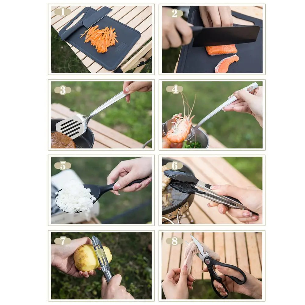 8pcs/set Camping Kitchen Cookware Set Portable Camp Kitchen Set Spatula And Cutting Board Storage Bag Set Camping Kitchenware