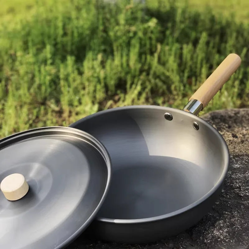 Aluminum Camping Wood Handle Wok Cookware, Outdoor Tableware, Picnic BBQ Cooking, Tourism, Kitchen Equipment, 3-4 Persons