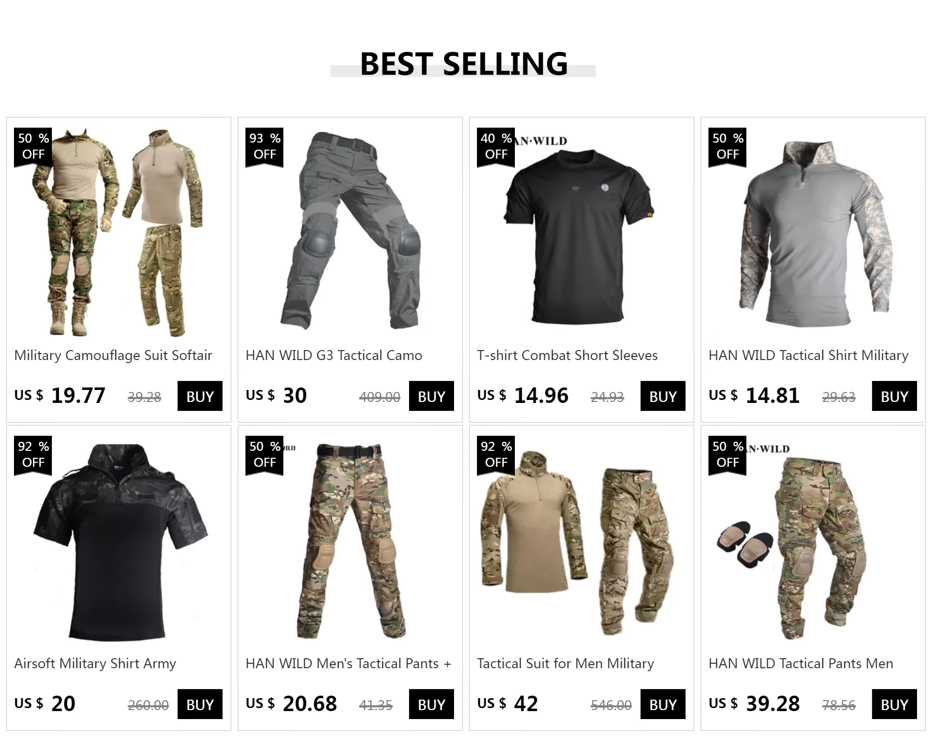 HAN WILD Cotton Camouflage Suit Softair Paintball Work Uniform Men Tactical Climbing Shirt Combat Cargo Pants CP Clothing Hiking