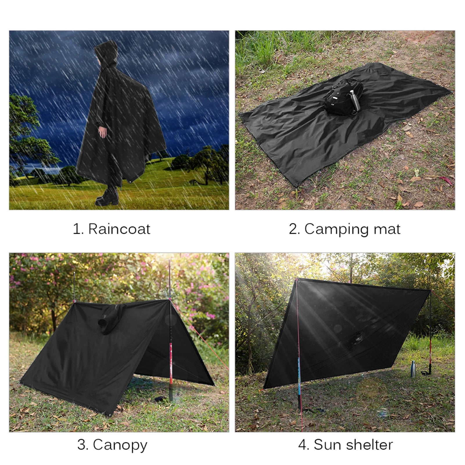 3-in-1 Waterproof Rain Poncho Lightweight Hooded Rain Coat Picnic Mat Blanket Sun Shelter for Outdoor Camping Cycle Climbing