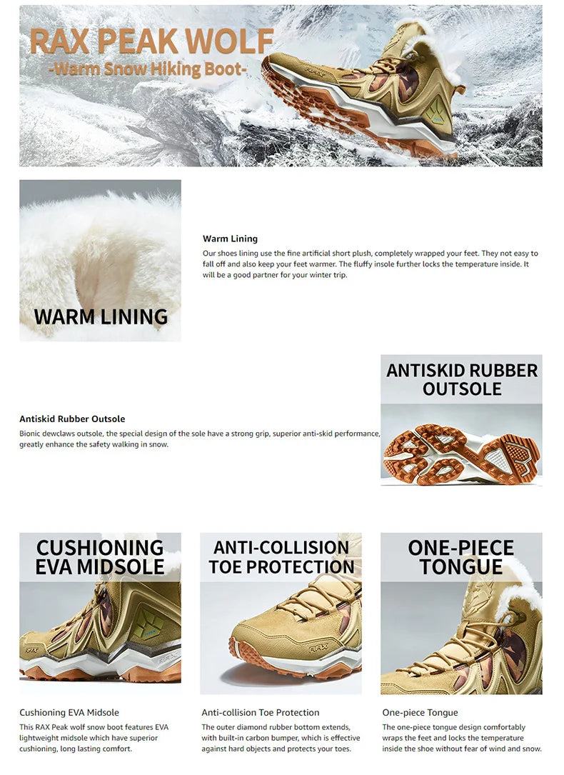 RAX Men Hiking Shoes winter Waterproof Outdoor Sneaker Men Leather Trekking Boots Trail Camping Climbing snow Sneakers Women