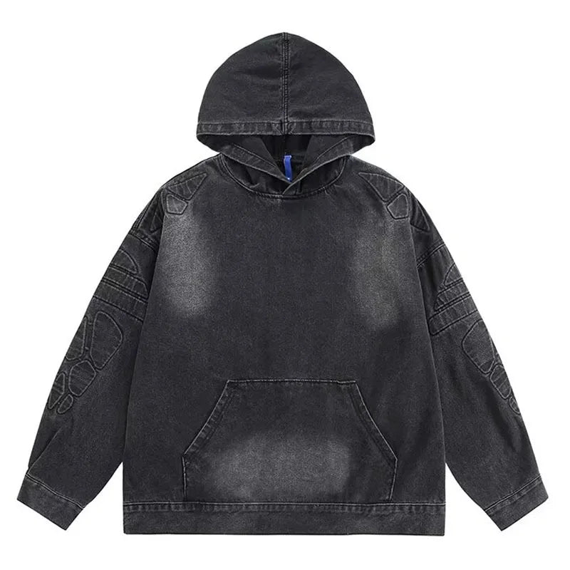 Denim Hooded Jacket Men Women Convex Turtle Shell Pattern Loose Casual Vintage Sweatshirt Coat Street Washed Denim Pullovers New