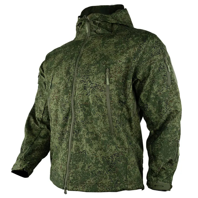 Men's Russian Camouflage Fleece Waterproof Soft Shell Windproof Winter Hooded Jacket Hunting Suit Windbreaker Cardigan