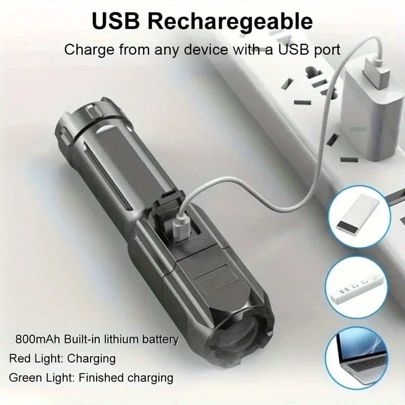 Super Bright Zoomable Flashlight LED Light USB Rechargeable Handheld Torch Waterproof 3 Modes Waterproof for Outdoor Camping